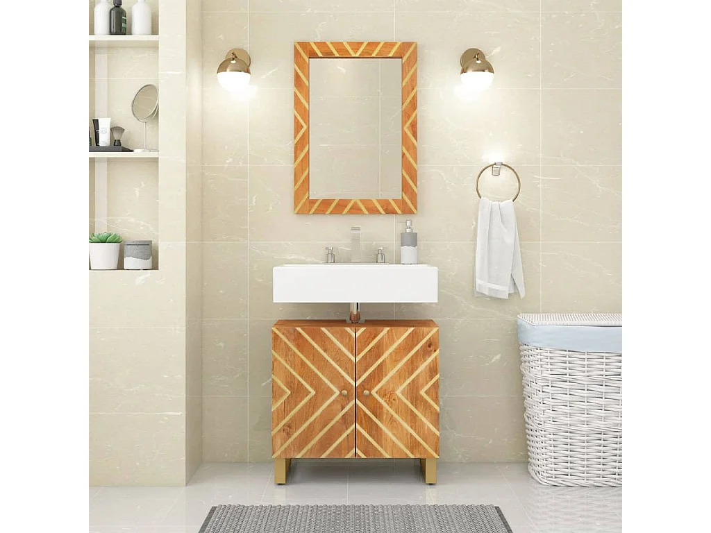 2-tlg. Badschrank-Set Braun und Schwarz Massivholz Mango