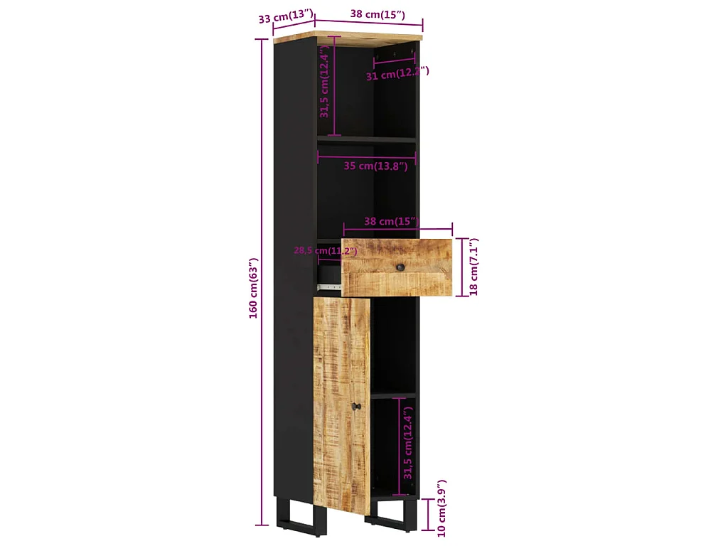Mobile da Bagno 38x33x160 cm in Legno Massello di Mango