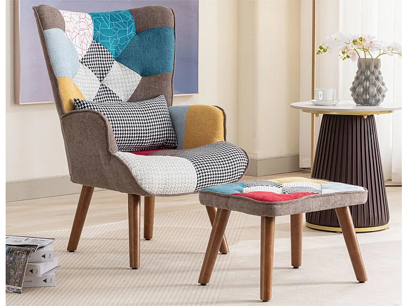Fauteuil avec repose-pieds - à motif de patchwork coloré - Multicolore