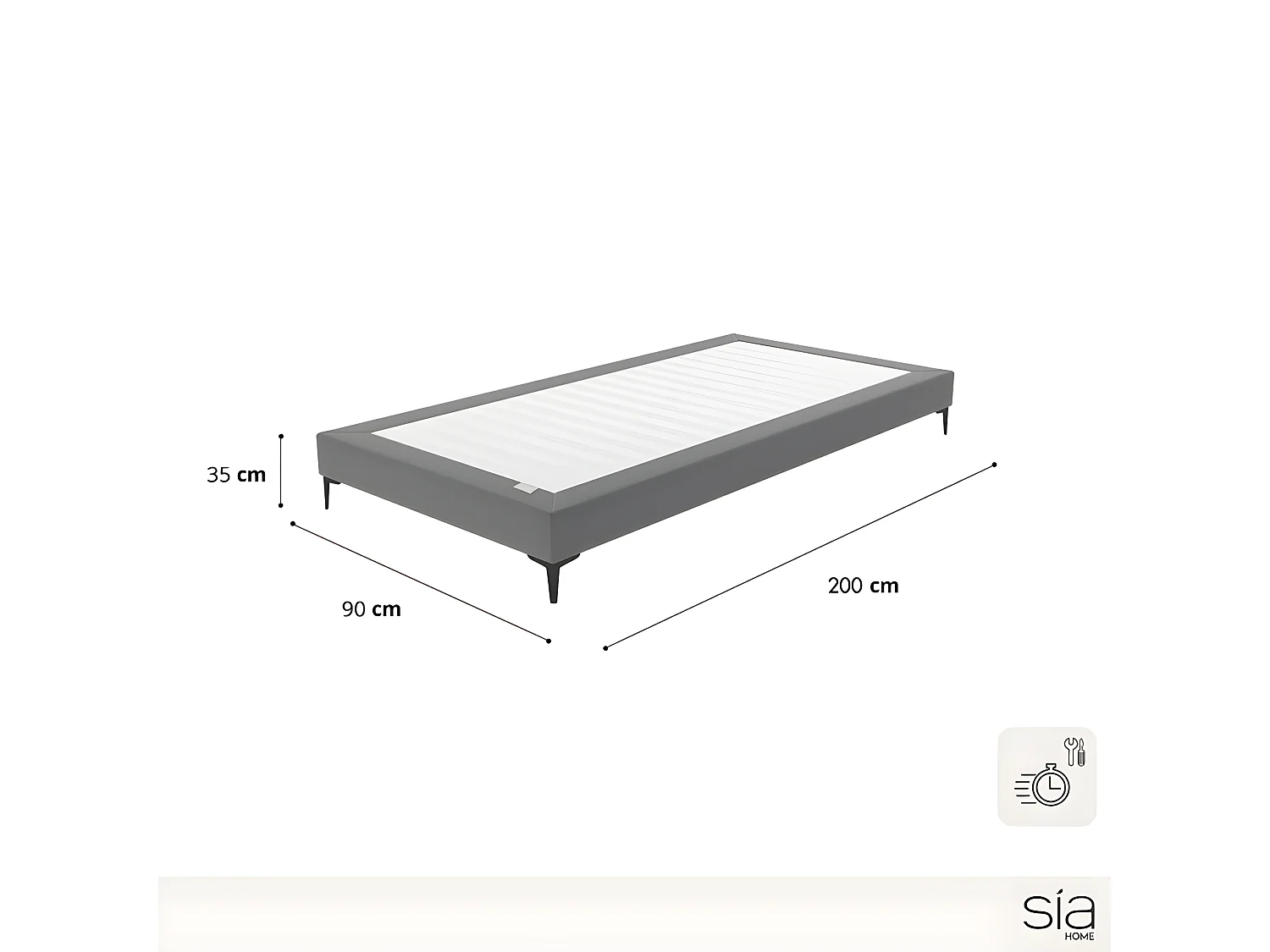 Sommier gris anthracite pieds noir 90x200cm