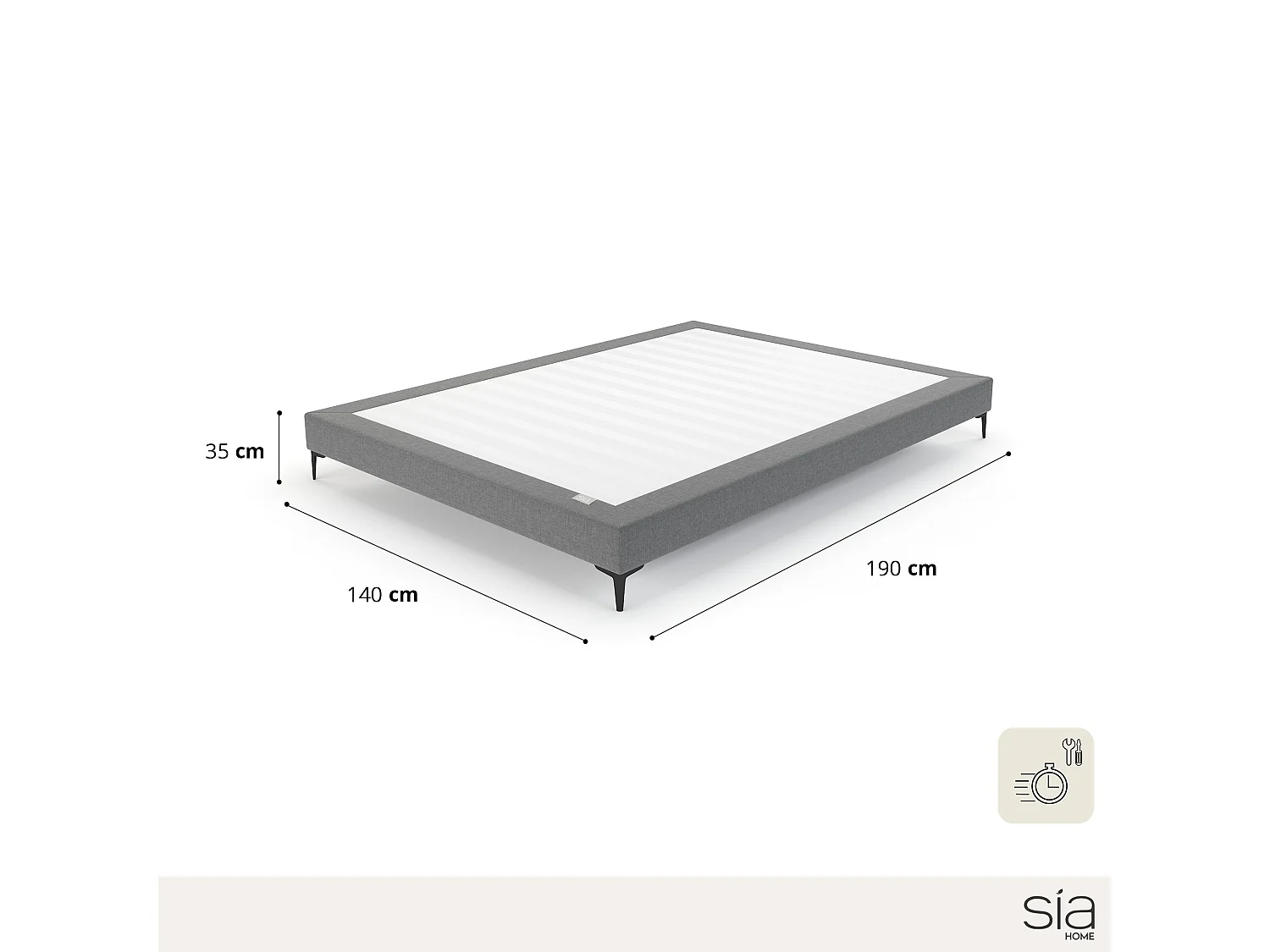 Sommier gris anthracite pieds noir 140x190cm