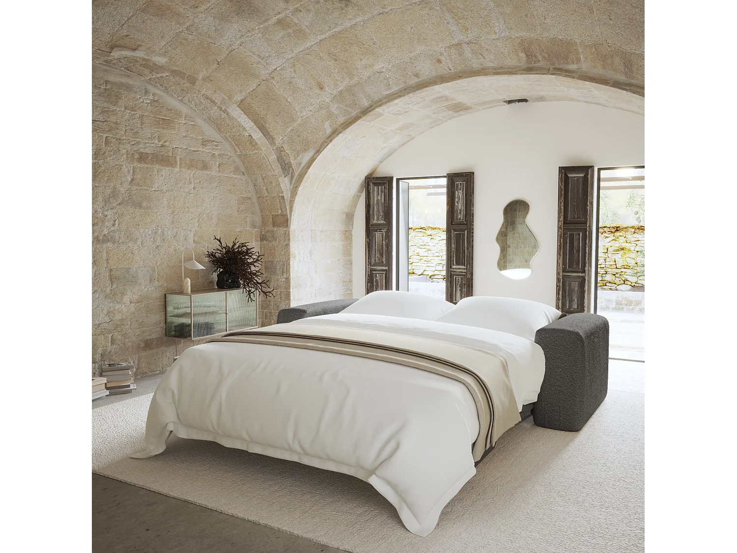 Canapé convertible express dunlopillo 140cm bouclette gris graphite MYRA