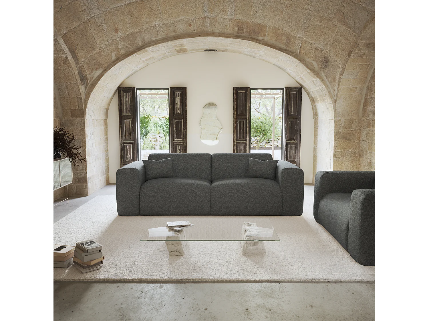 Canapé convertible express dunlopillo 160cm bouclette gris graphite MYRA