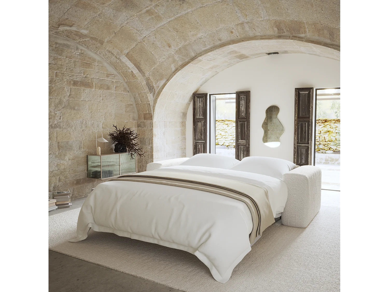 Canapé convertible express dunlopillo 140cm bouclette crème MYRA