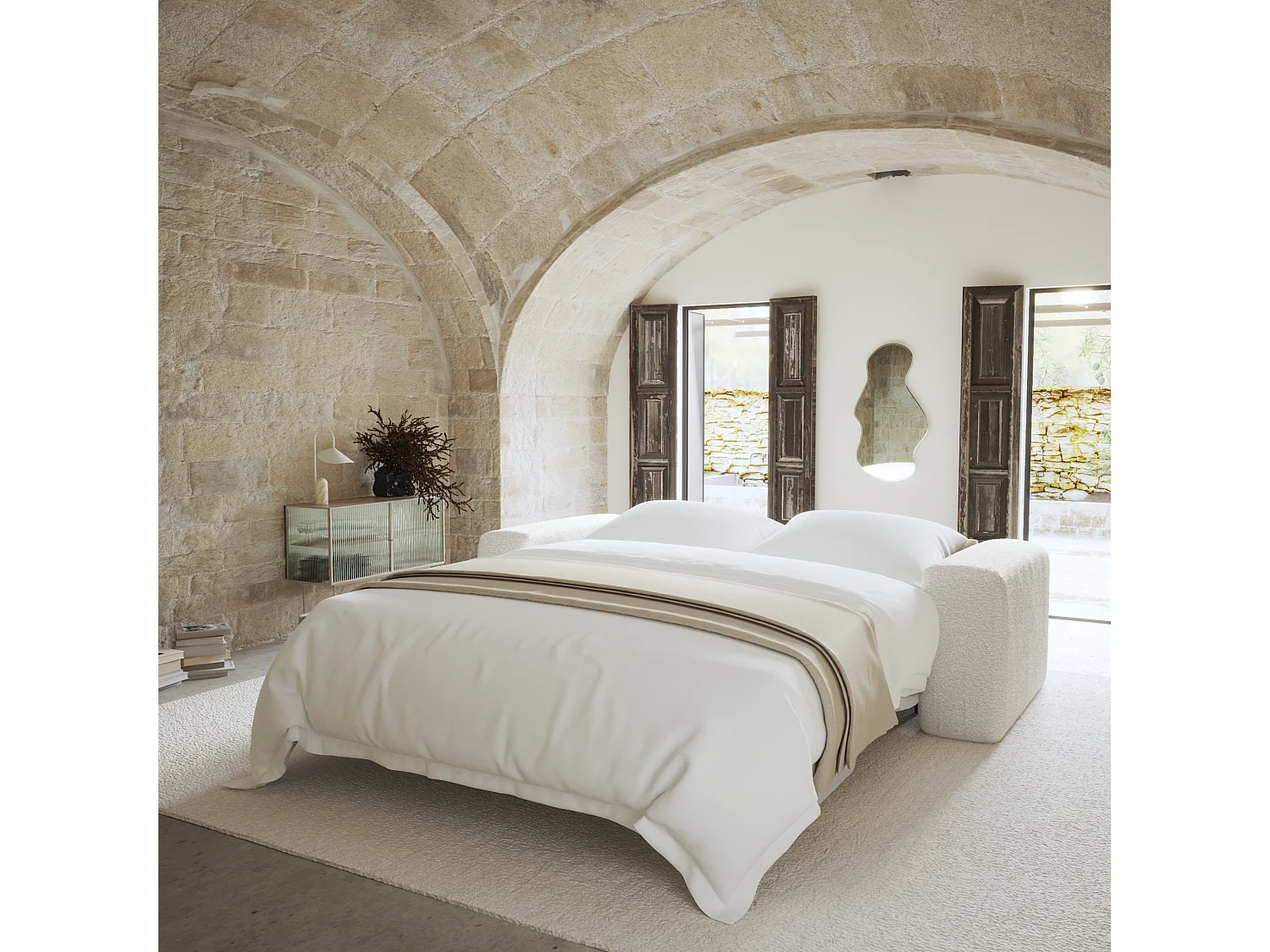 Canapé convertible express dunlopillo 160cm bouclette crème MYRA