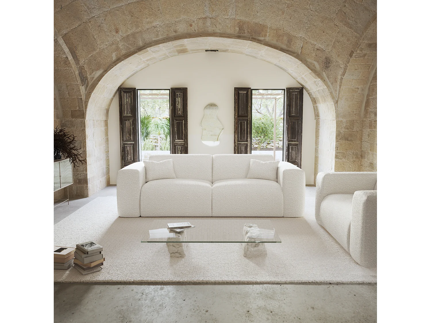 Canapé convertible express dunlopillo 160cm bouclette crème MYRA