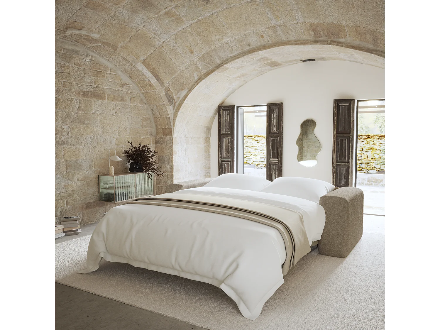 Canapé convertible express dunlopillo 160cm bouclette taupe MYRA