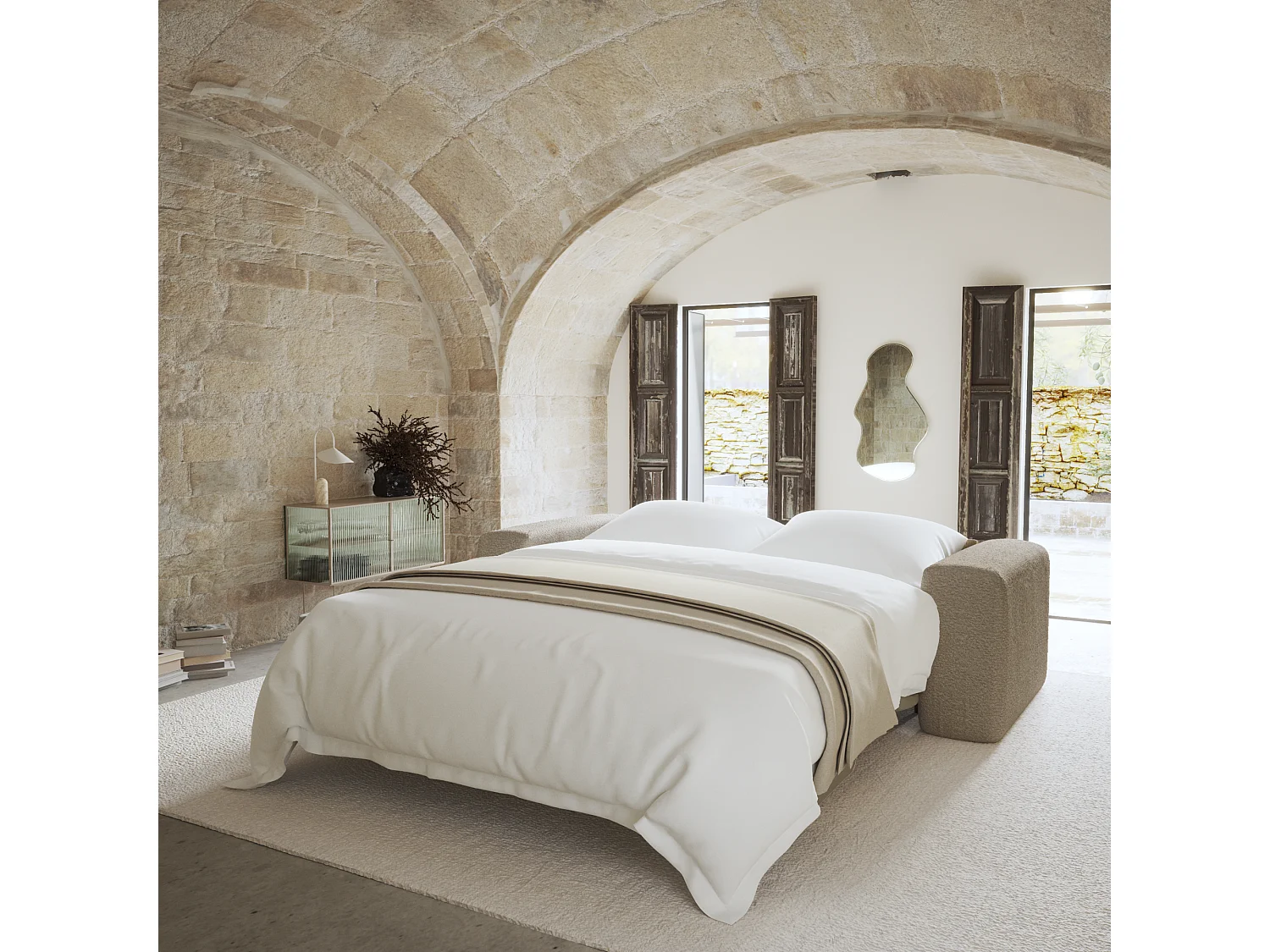 Canapé convertible express dunlopillo 140cm bouclette taupe MYRA