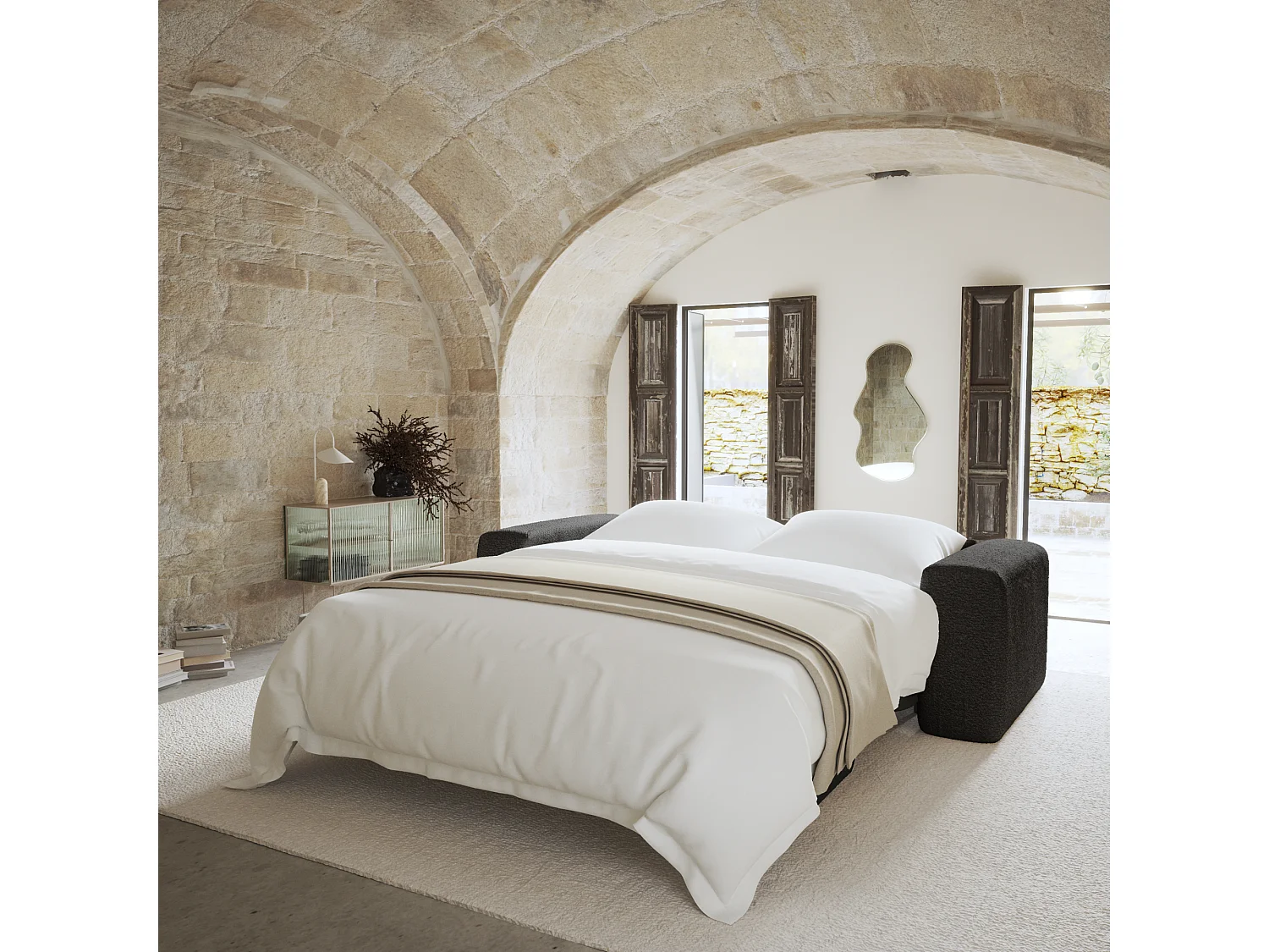 Canapé convertible express dunlopillo 160cm bouclette anthracite foncé MYRA