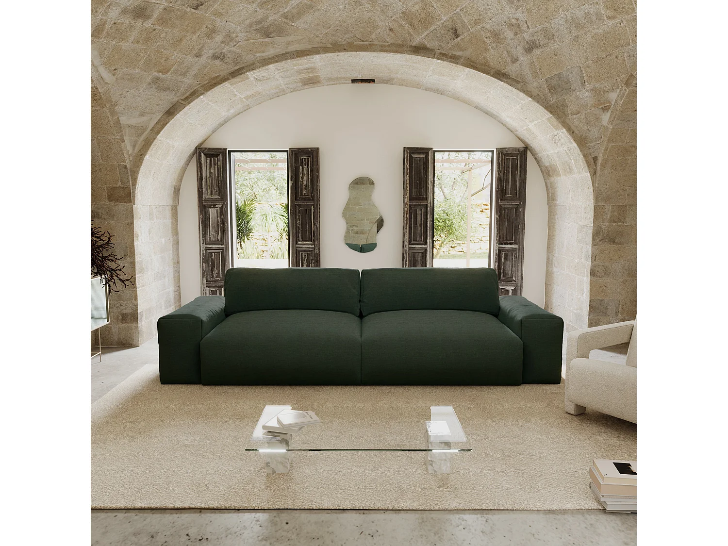 Canapé 3 places tissu tramé toucher doux vert kaki 220cm BLISS