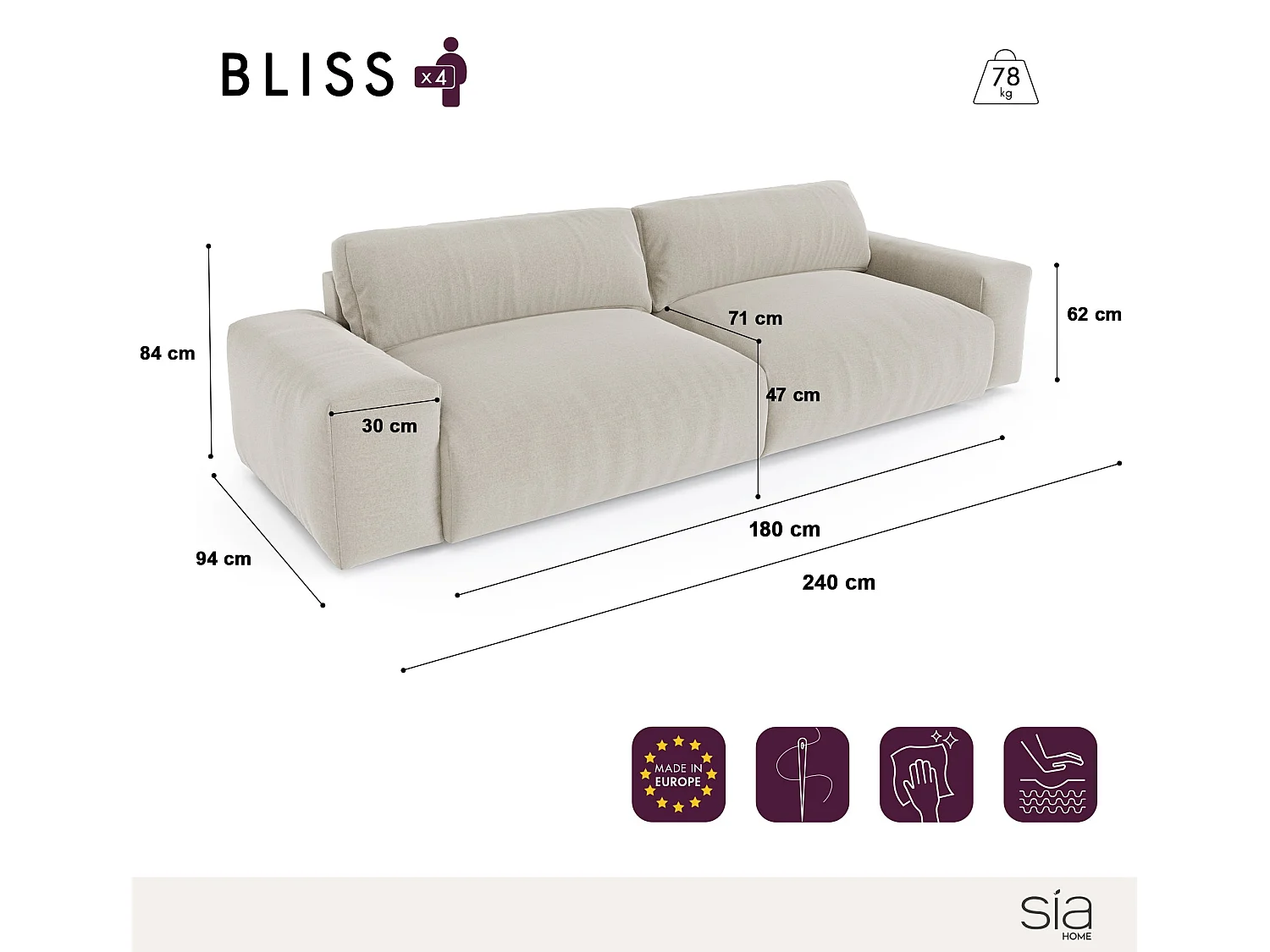 Canapé 4 places velours bleu paon 240cm BLISS