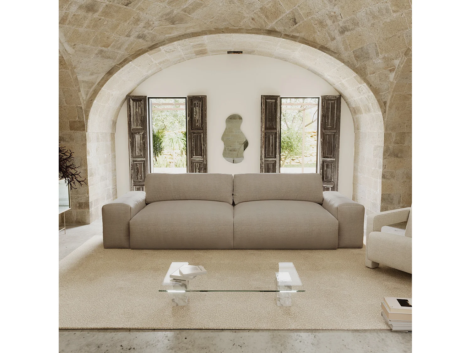 Canapé 4 places tissu tramé toucher doux taupe 240cm BLISS