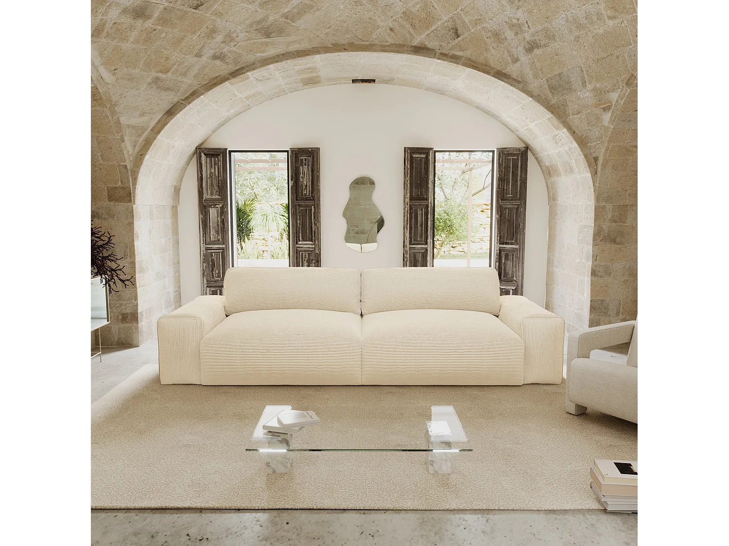 Canapé 4 places velours côtelé crème 240cm BLISS