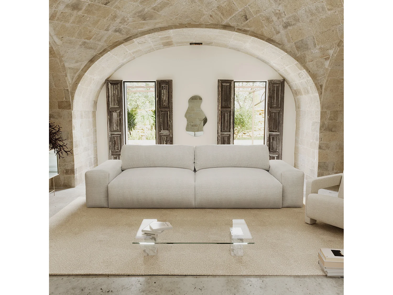 Canapé 3 places tissu tramé toucher doux beige 220cm BLISS