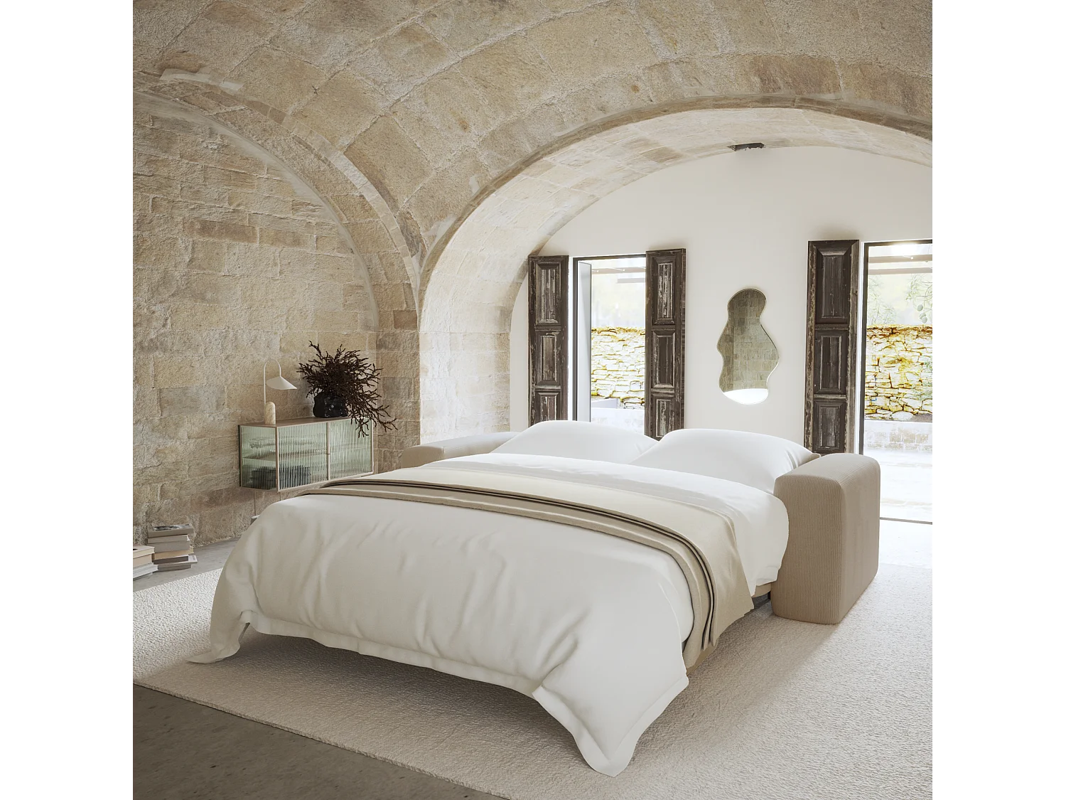 Canapé convertible express dunlopillo 160cm velours côtelé beige MYRA