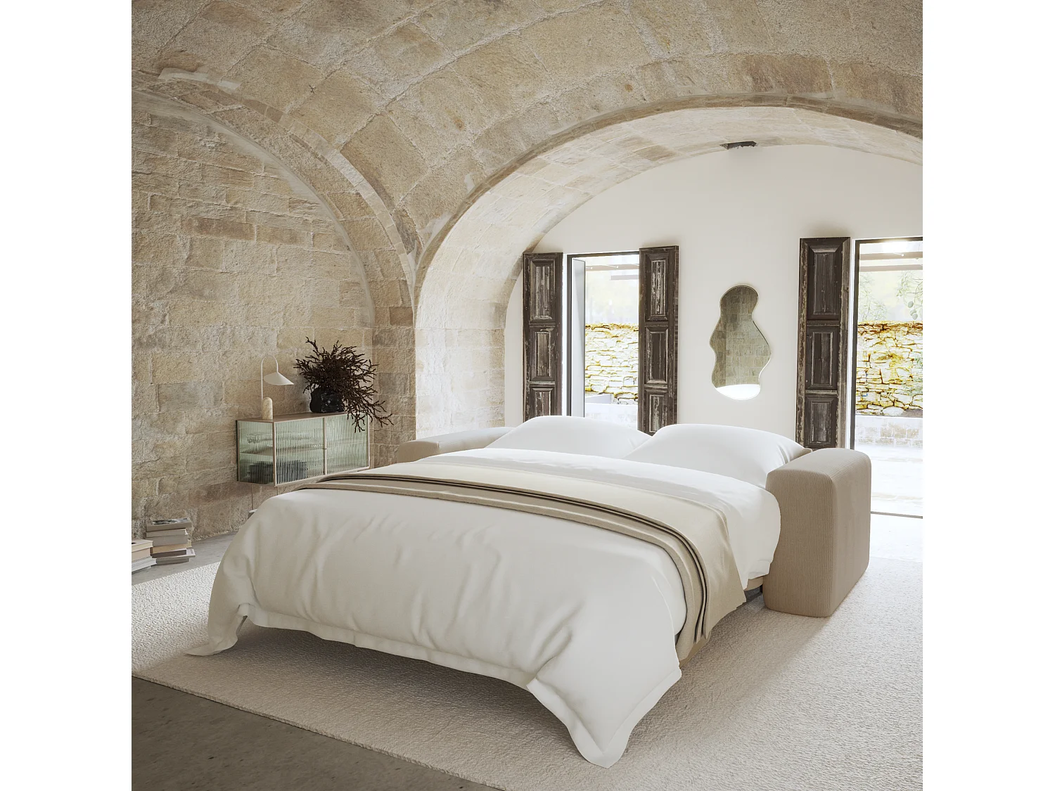 Canapé convertible express 3 places en velours côtelé beige MYRA
