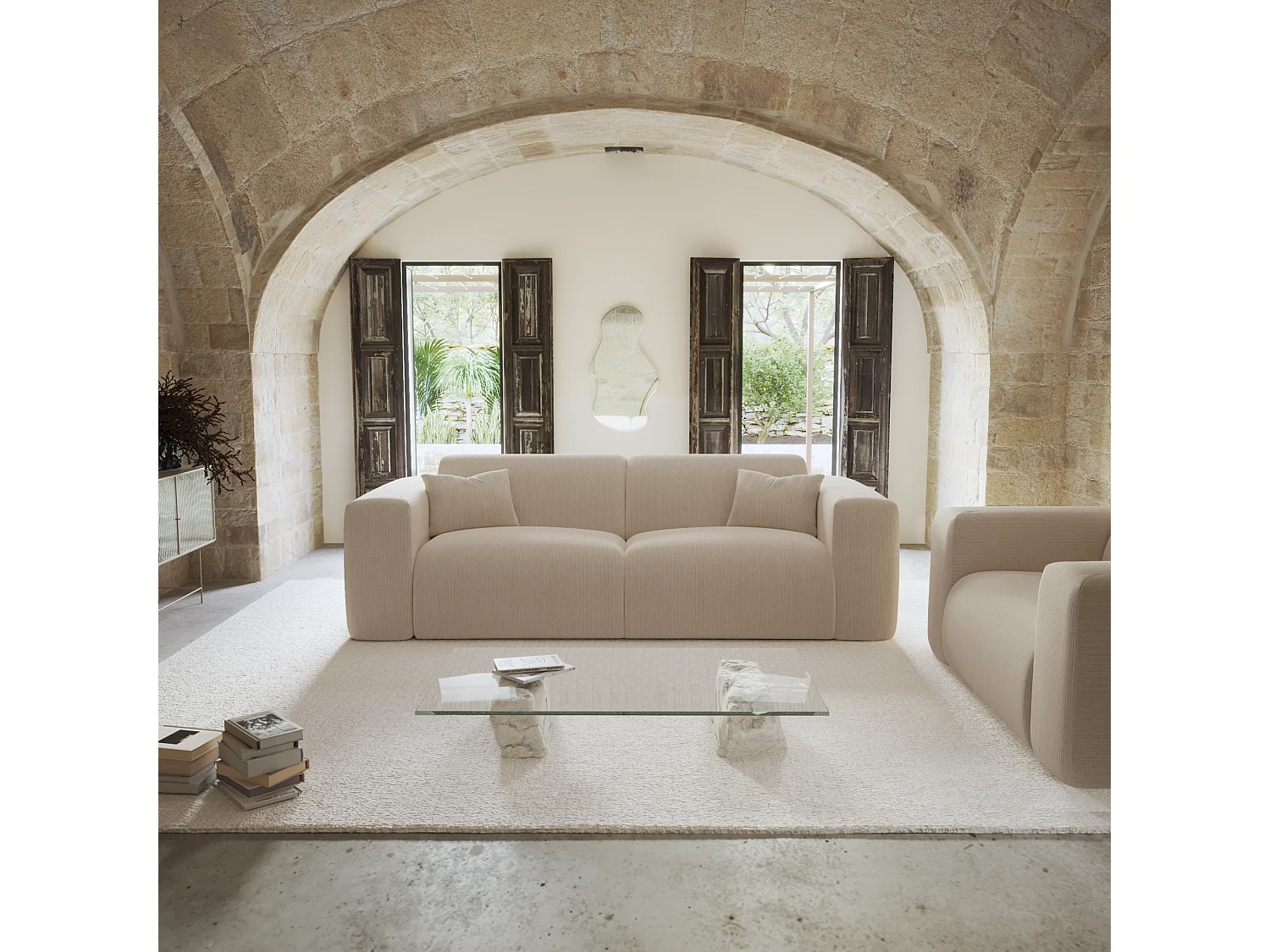 Canapé convertible express dunlopillo 140cm velours côtelé beige MYRA