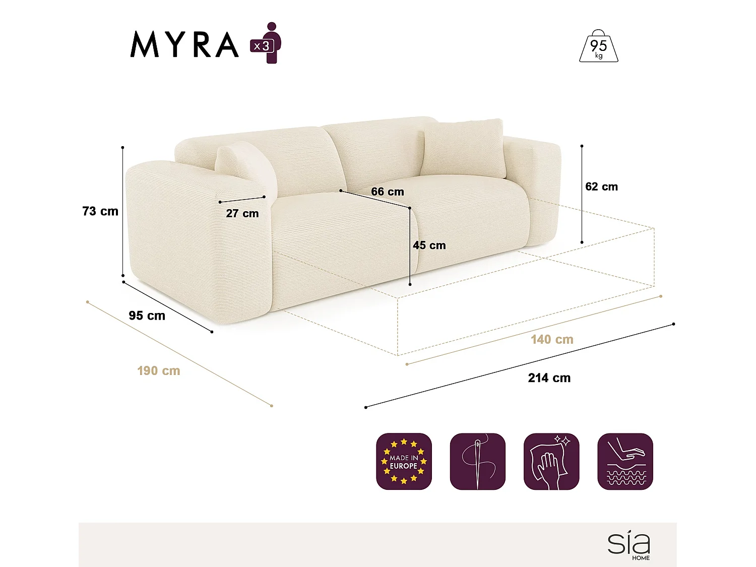 Canapé convertible express dunlopillo 140cm velours côtelé beige MYRA