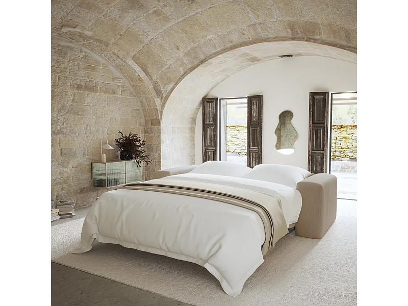 Canapé convertible express dunlopillo 140cm velours côtelé beige MYRA