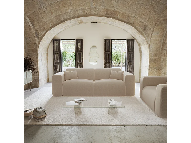 Canapé convertible express dunlopillo 140cm velours côtelé beige MYRA