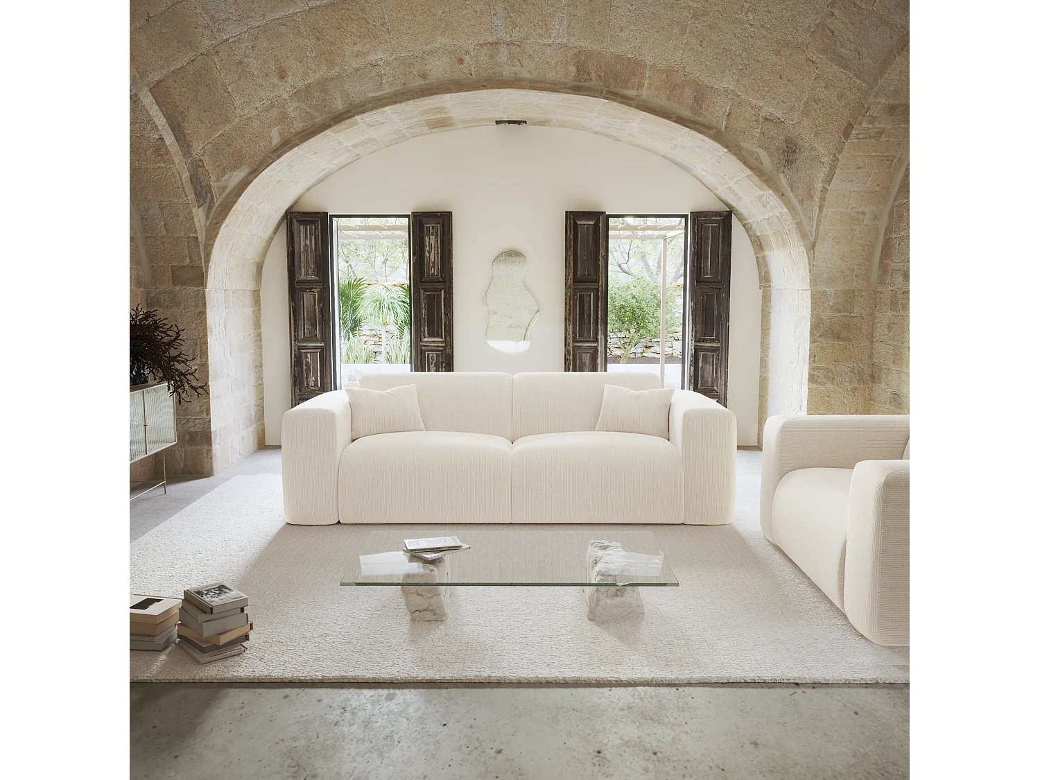 Canapé convertible express dunlopillo 140cm velours côtelé crème MYRA