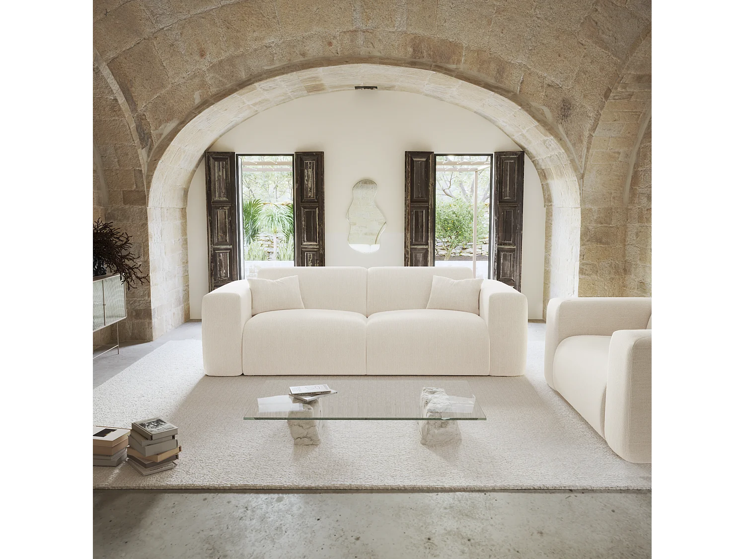 Canapé convertible express dunlopillo 140cm velours côtelé crème MYRA