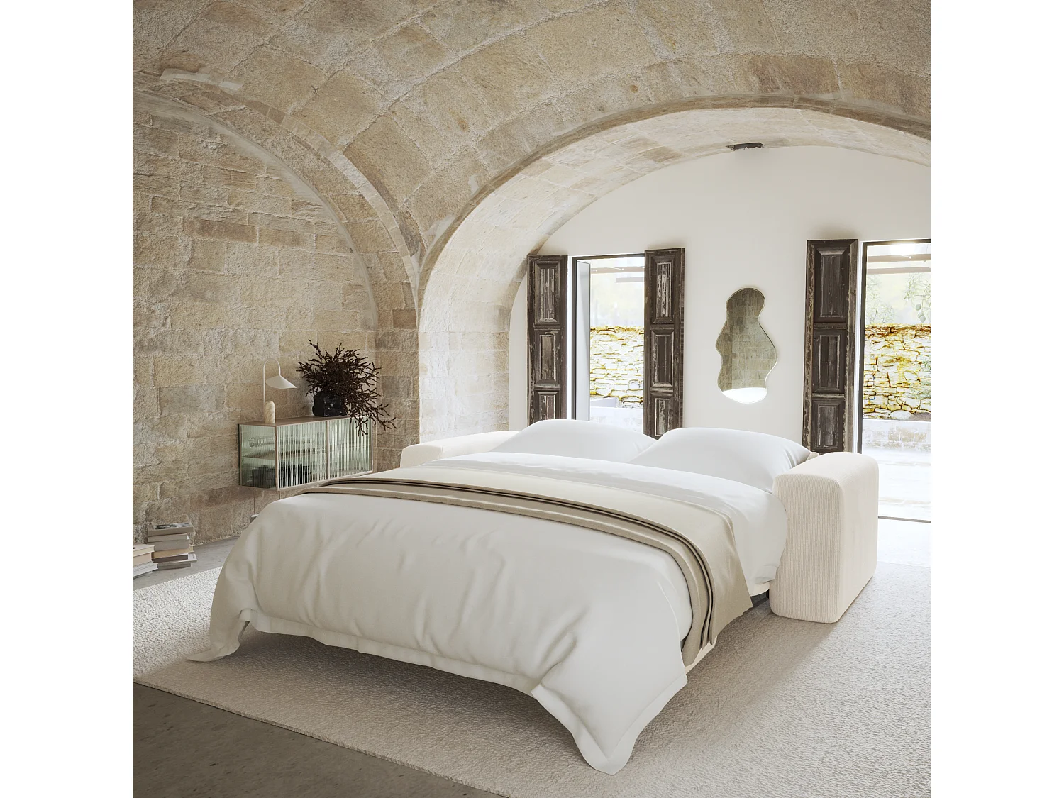 Canapé convertible express dunlopillo 160cm velours côtelé crème MYRA