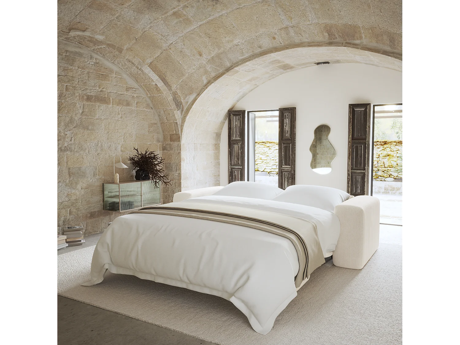 Canapé convertible express dunlopillo 160cm velours côtelé crème MYRA