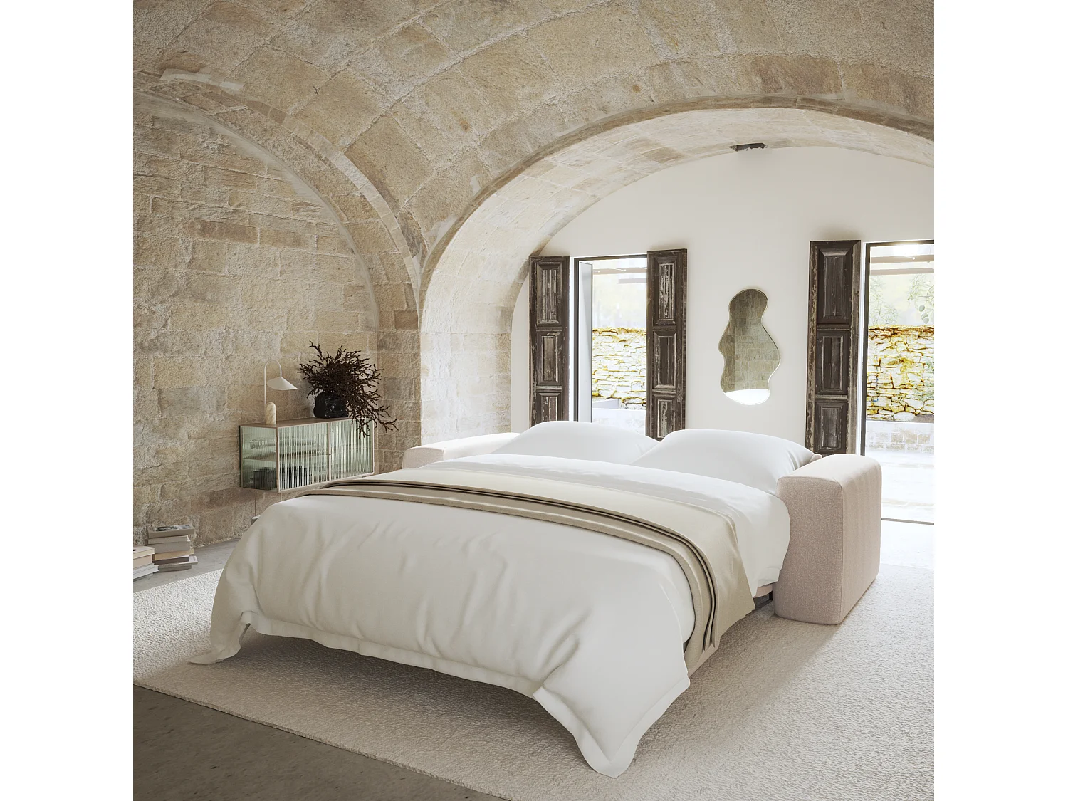 Canapé convertible express dunlopillo 140cm tissu tramé beige MYRA