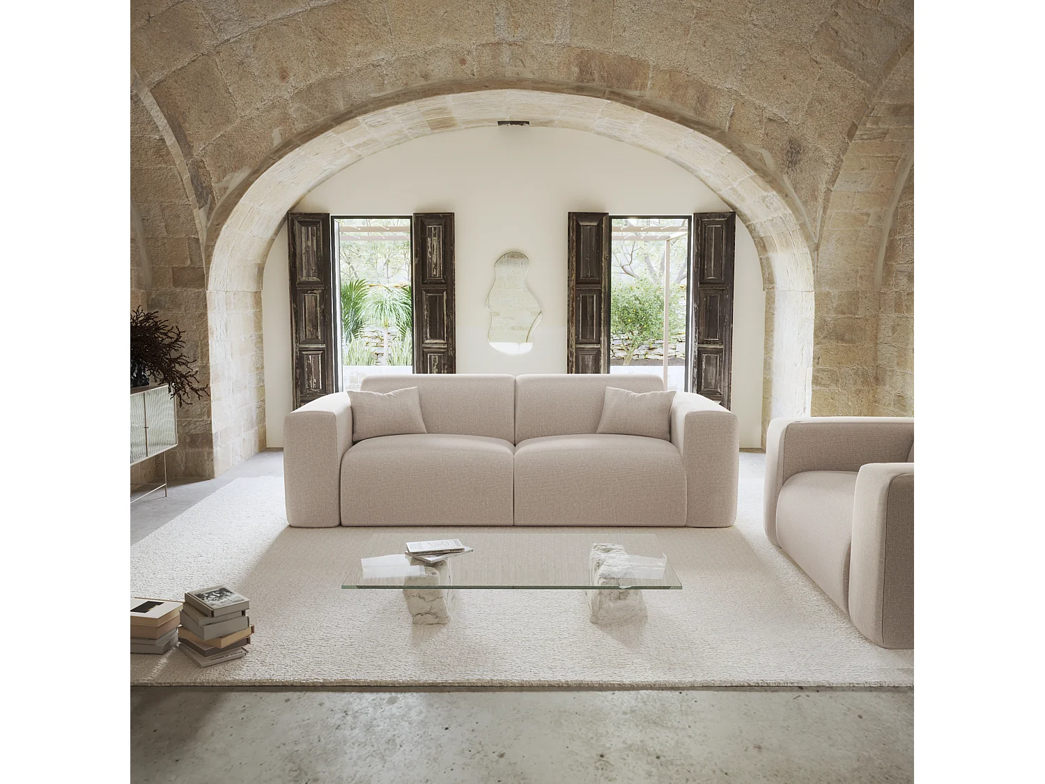 Canapé convertible express dunlopillo 140cm tissu tramé beige MYRA