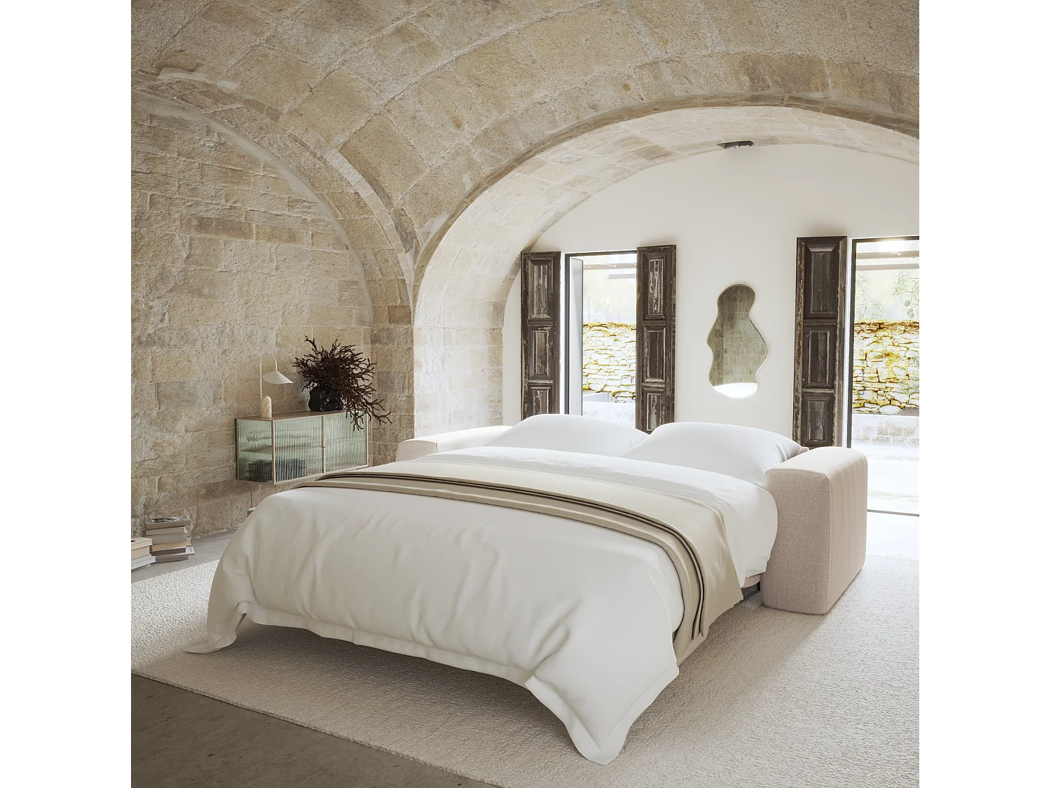 Canapé convertible express dunlopillo 140cm tissu tramé beige MYRA