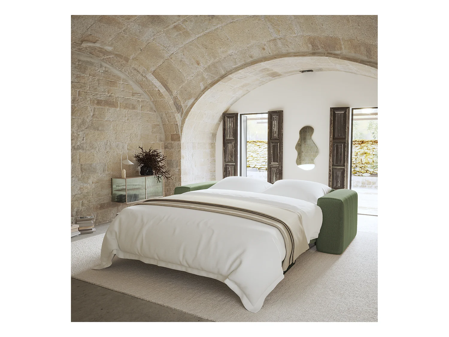 Canapé convertible express dunlopillo 140cm tissu tramé vert olive