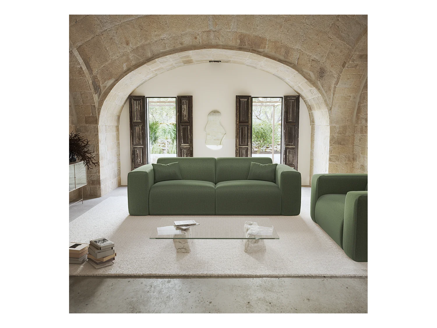 Canapé convertible express dunlopillo 140cm tissu tramé vert olive