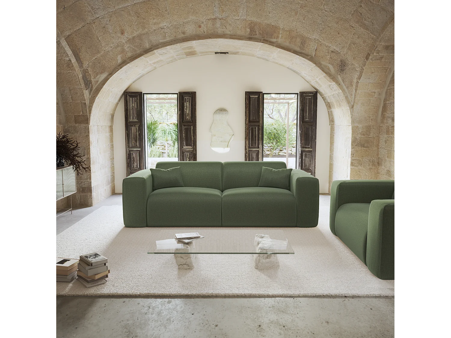 Canapé convertible express dunlopillo 140cm tissu tramé vert olive MYRA