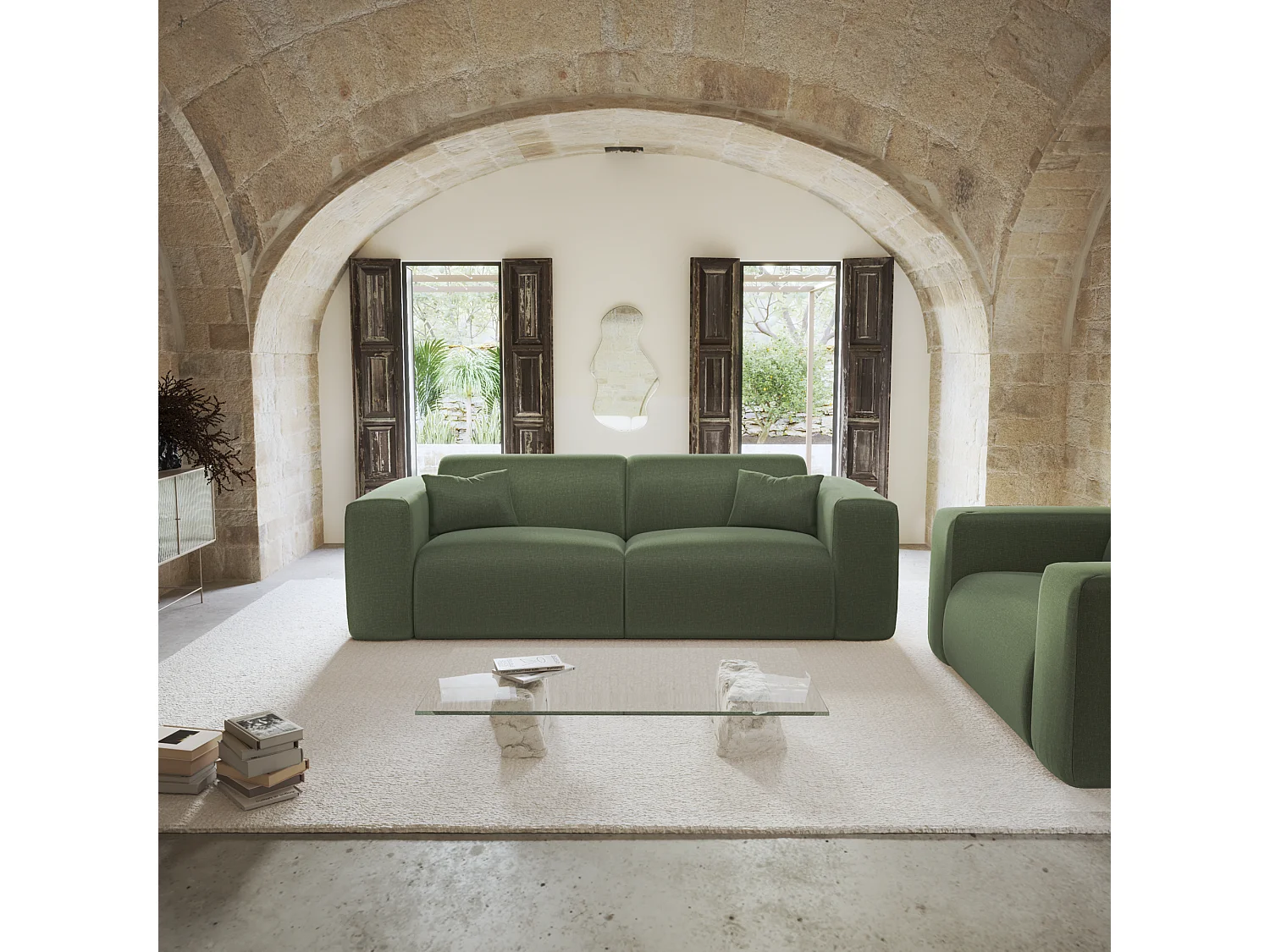 Canapé convertible express dunlopillo 160cm 4 places MYRA en tissu tramé  vert olive