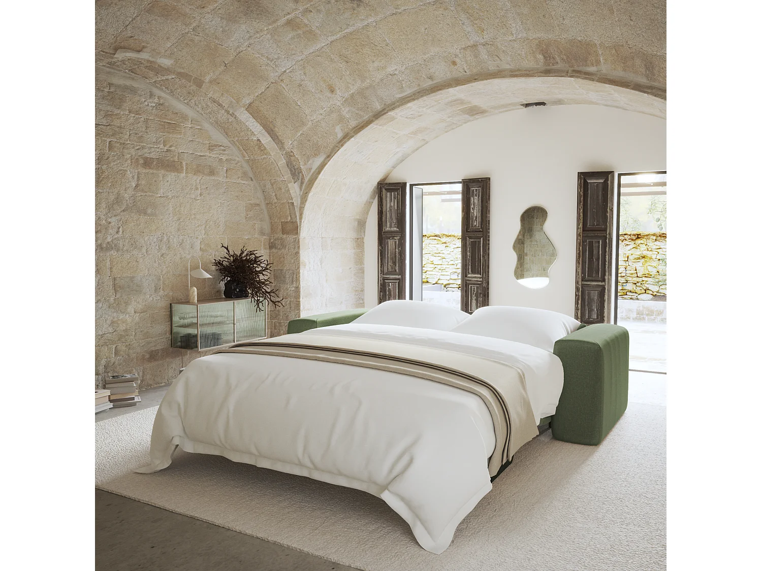 Canapé convertible express dunlopillo 160cm 4 places MYRA en tissu tramé  vert olive