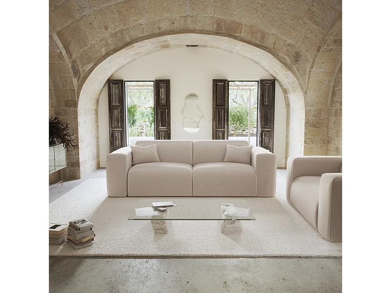 Canapé convertible express dunlopillo 160cm tissu tramé beige MYRA