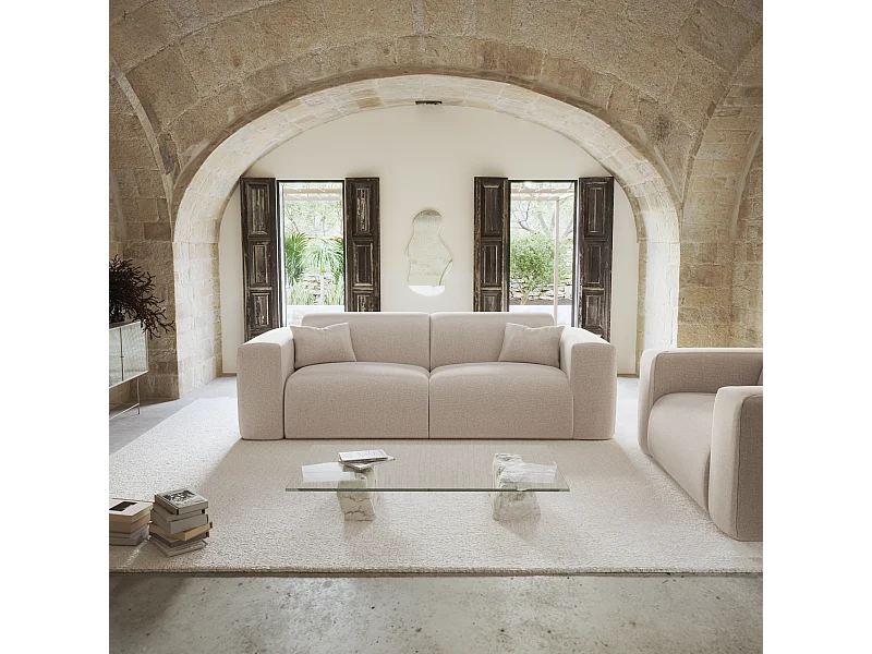 Canapé convertible express dunlopillo 160cm tissu tramé beige MYRA