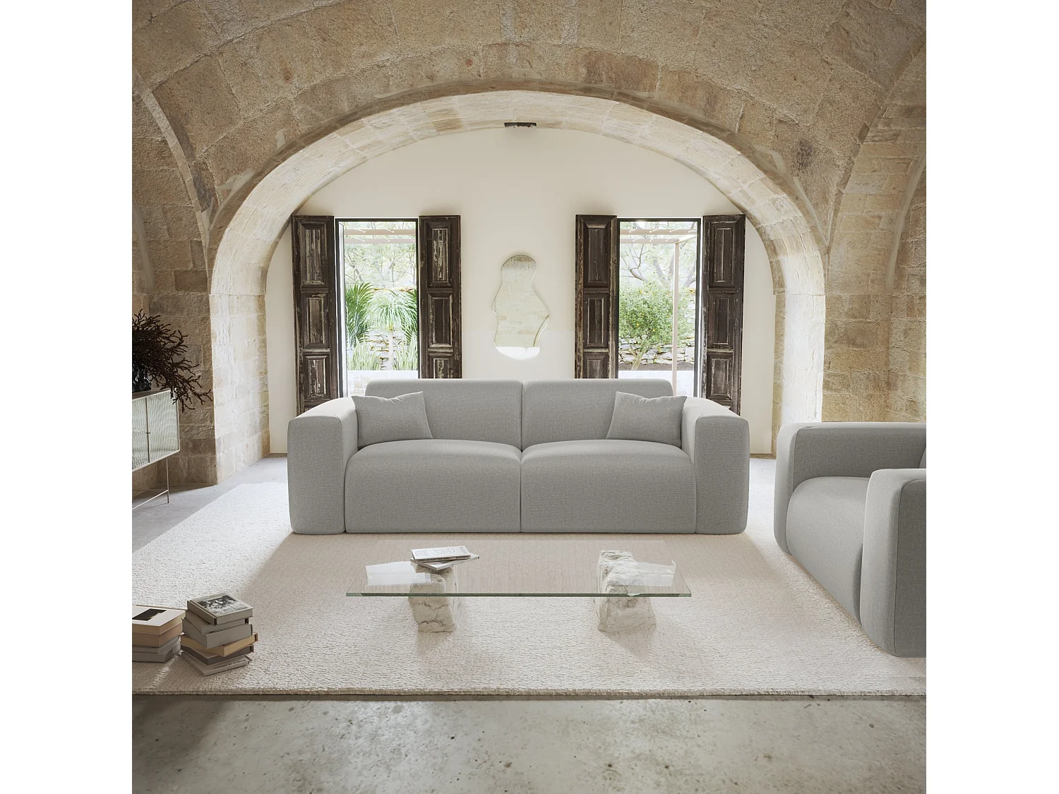 Canapé convertible express dunlopillo 160cm 4 places MYRA en tissu tramé  gris clair