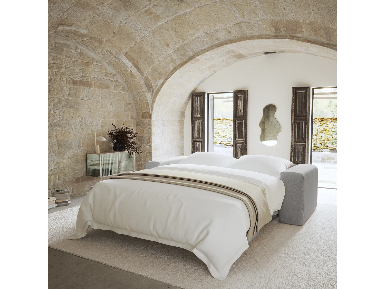 Canapé convertible express dunlopillo 160cm tissu tramé gris clair MYRA