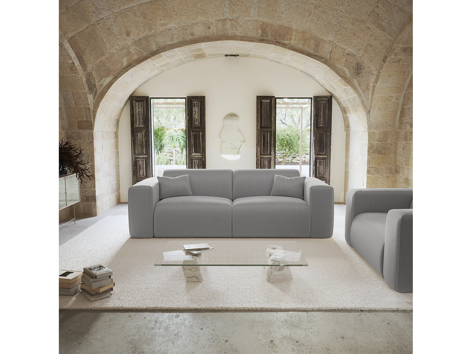 Canapé convertible express dunlopillo 140cm tissu tramé gris clair MYRA