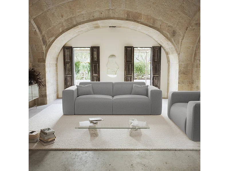 Canapé convertible express dunlopillo 140cm tissu tramé gris clair MYRA