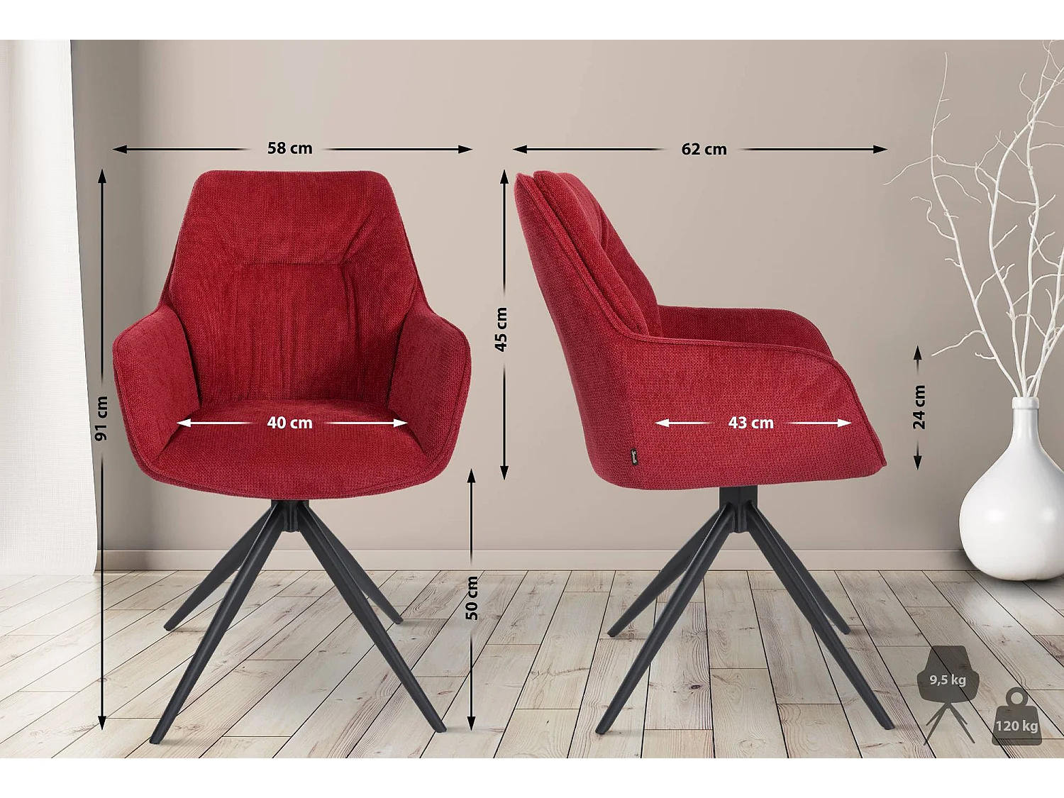 Fauteuil pivotant en tissu Jules - Rouge91.00
