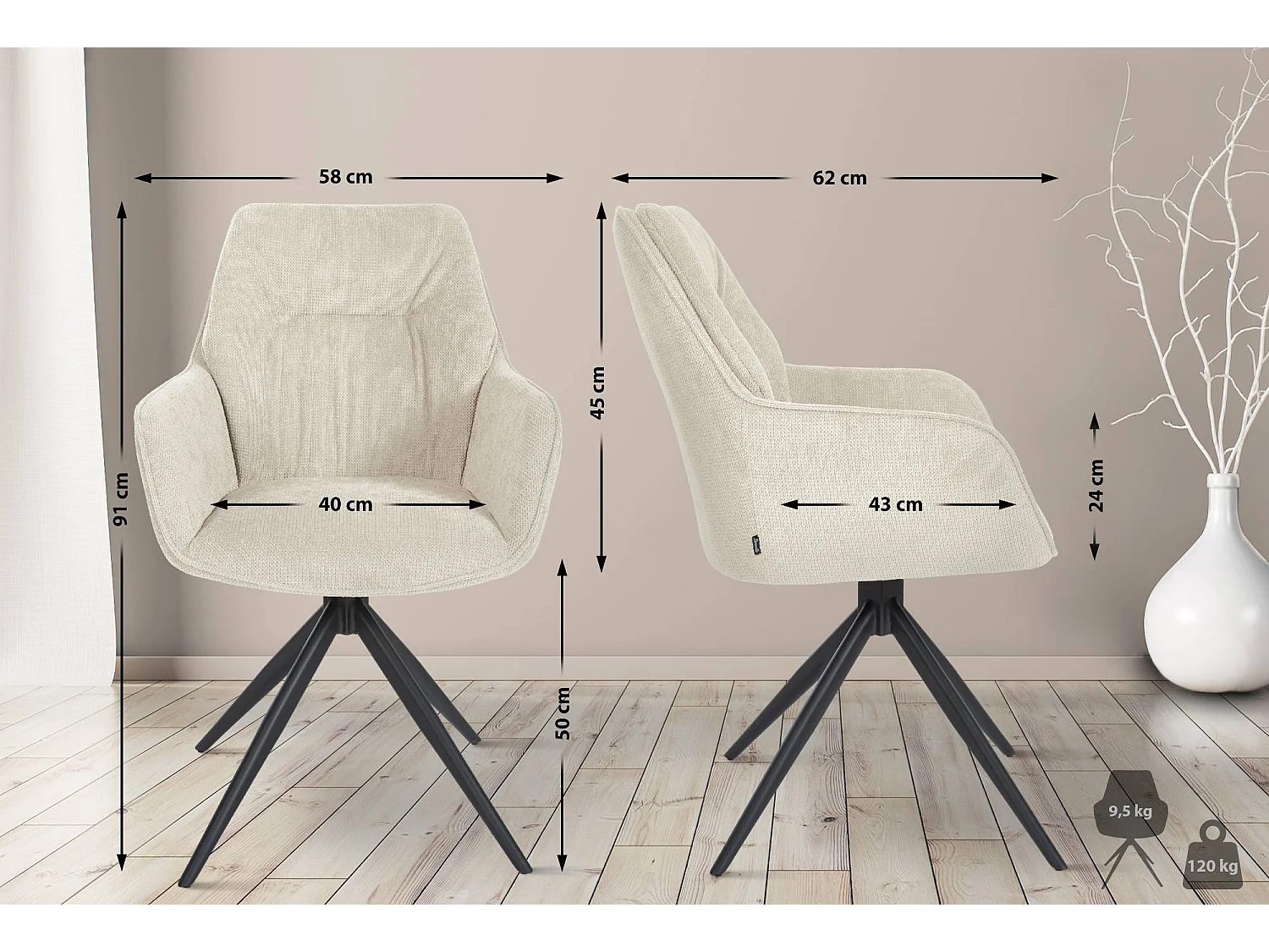 Stoel met armleuningen - Metaal & antiek licht - creme - Jules