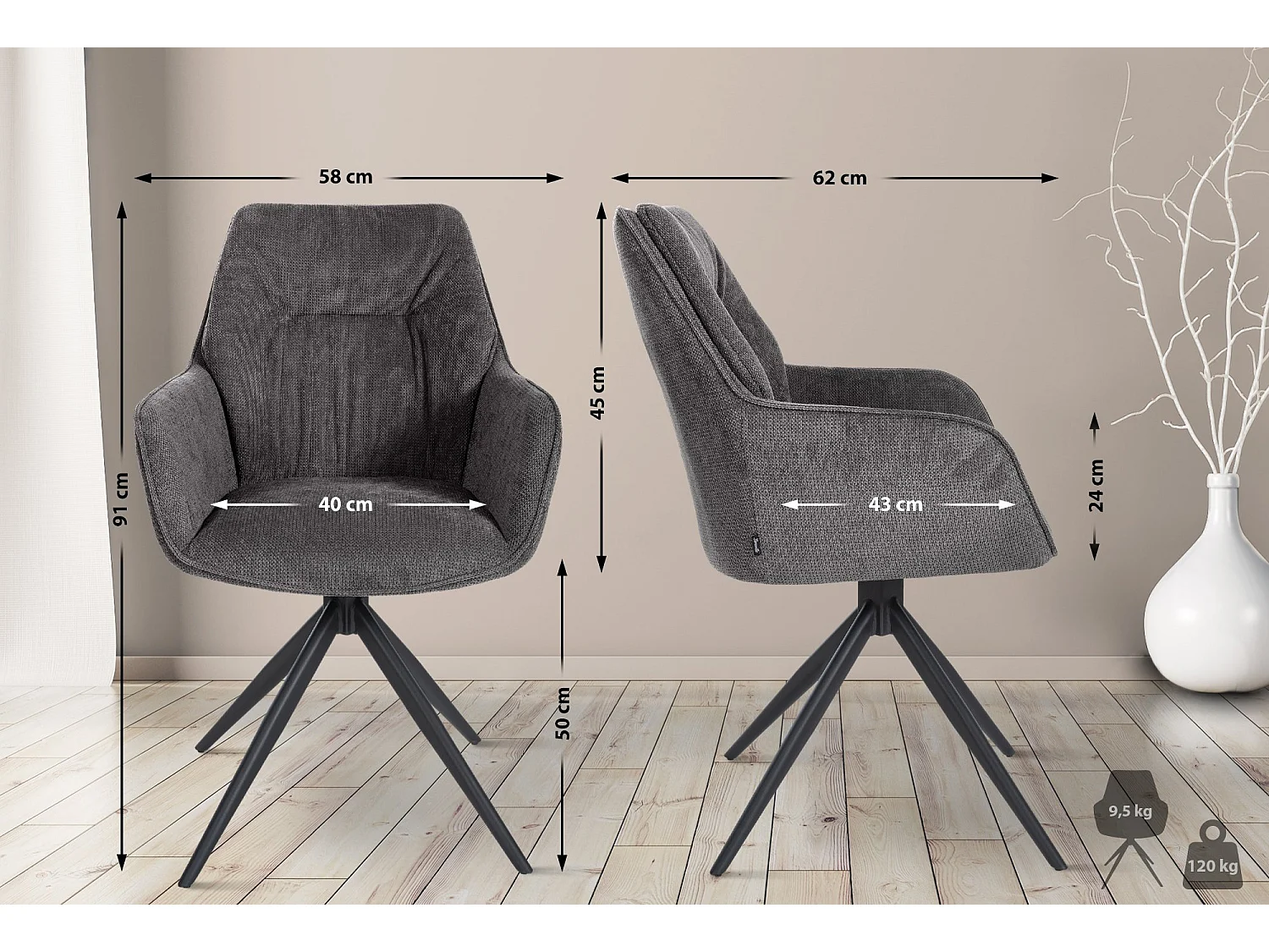 Fauteuil pivotant en tissu Jules - Noir91.00