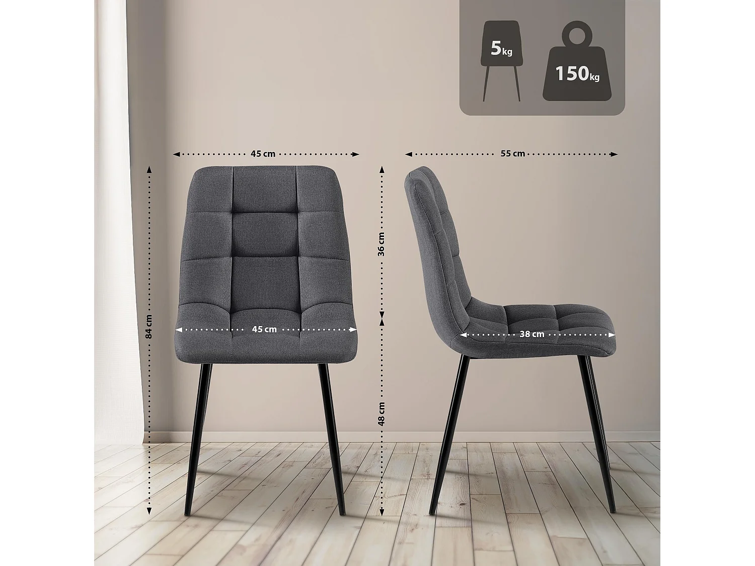 Eetkamerstoelen - Stof & zwart - donkergrijs - Antibes