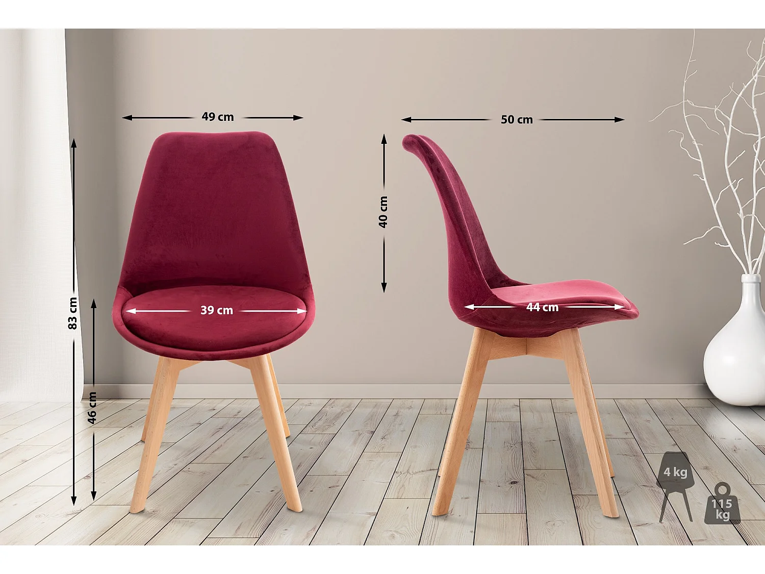 Chaise Linares - Velours Bordeaux83.00