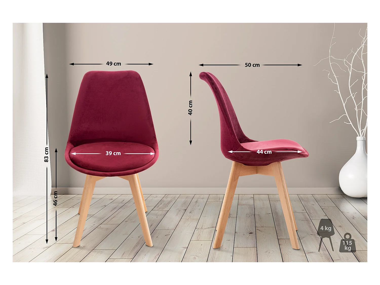 Esszimmerstuhl - Samt - bordeauxrot - Linares