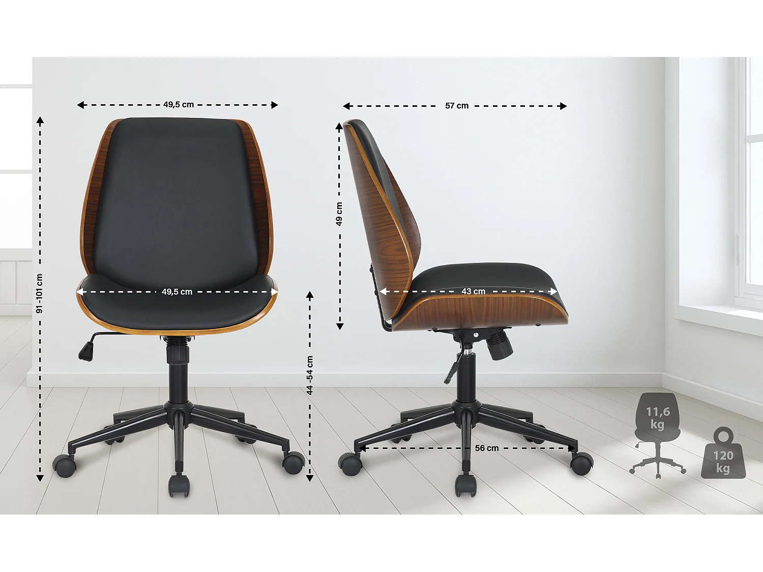 Fauteuil de bureau Mitch - Noyer - Noir (pied noir)90.00