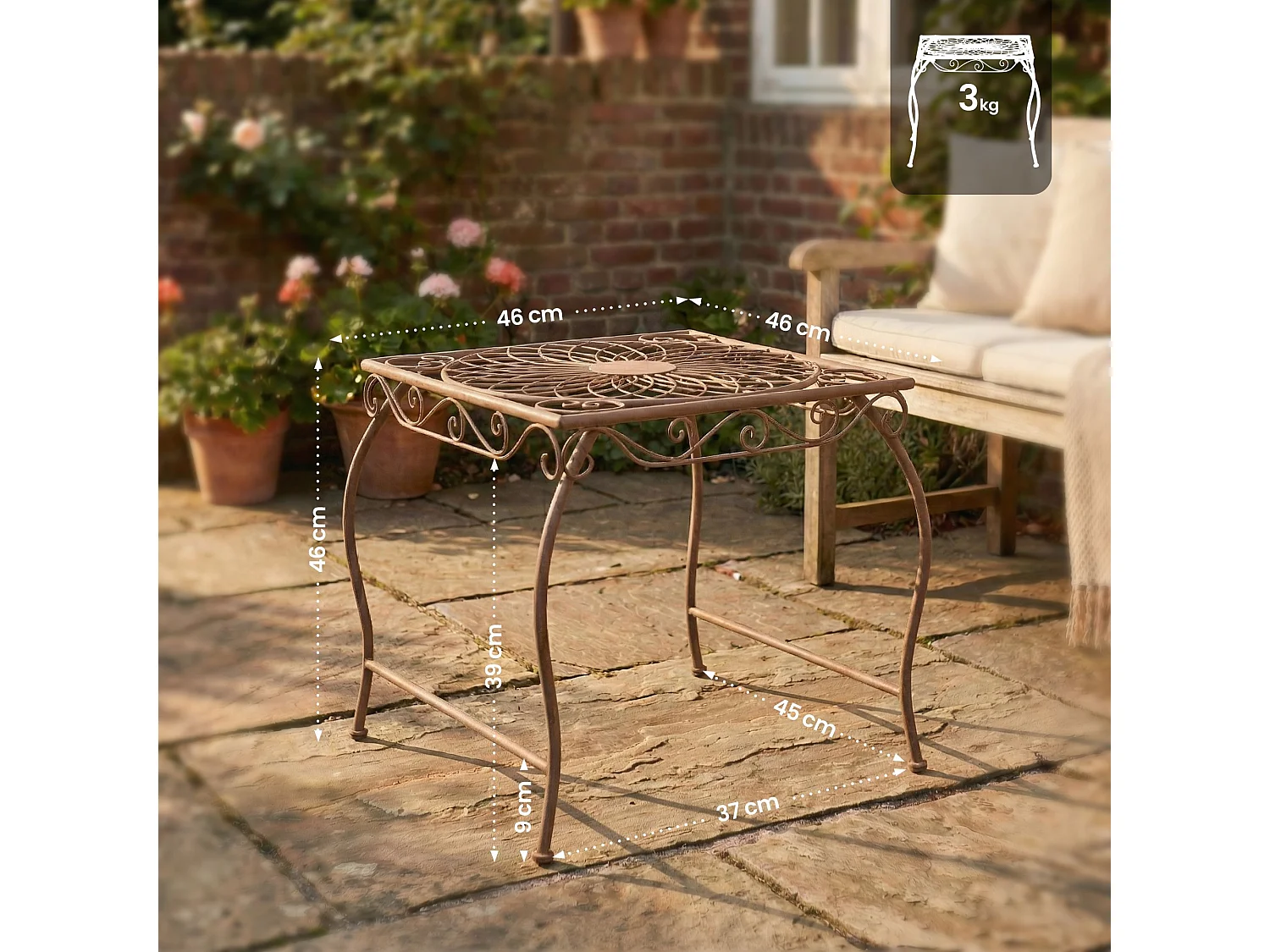 Table d'appoint de jardin - carré - Métal - 49 x 45 cm - Marron antique - Zarina